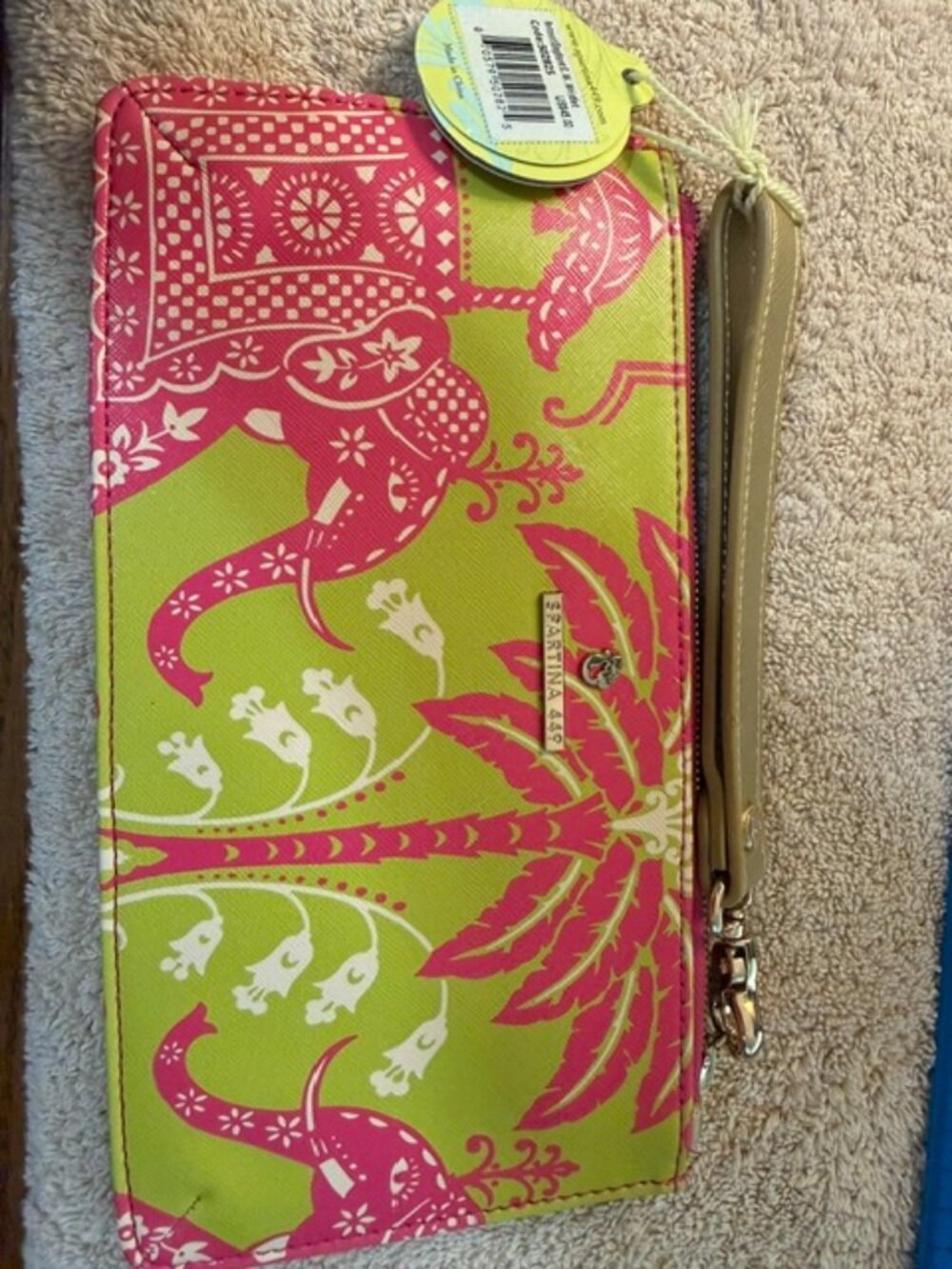 Spartina 449 Pink Green Tropical Wristlet Clutch Genuine Leather Trim SKU357